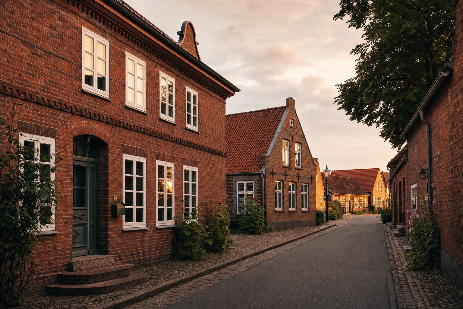 Backsteinhäuser an ruhiger Dorfstraße unter weichem Abendlicht