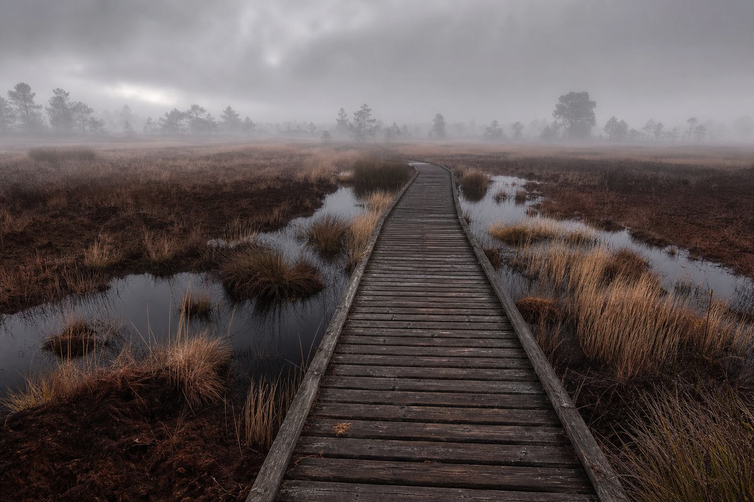 Holzsteg durch nebliges Moor in Norddeutschland