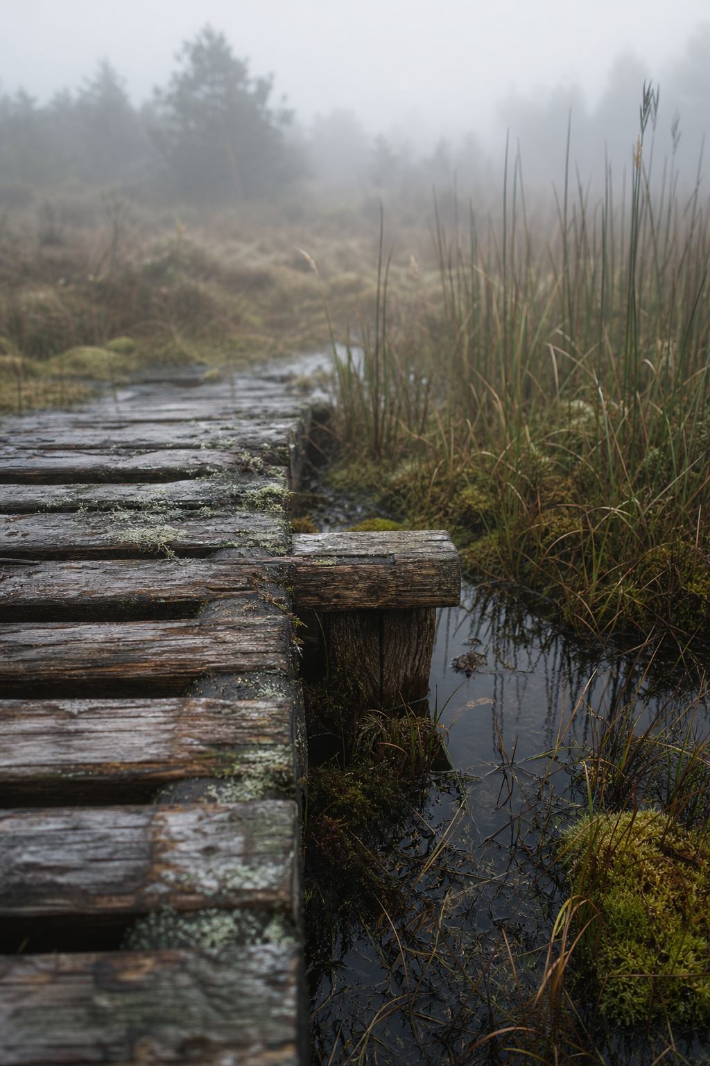 Holzbohlensteg über Torfmoor mit Schilf und Nebel